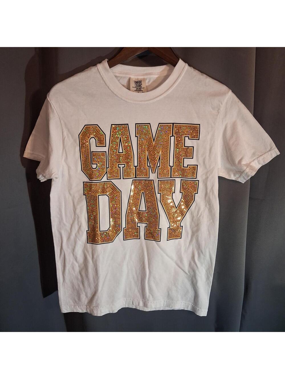 Comfort Colors White Game Day T-Shirt with Gold Sequin Letters Size Small